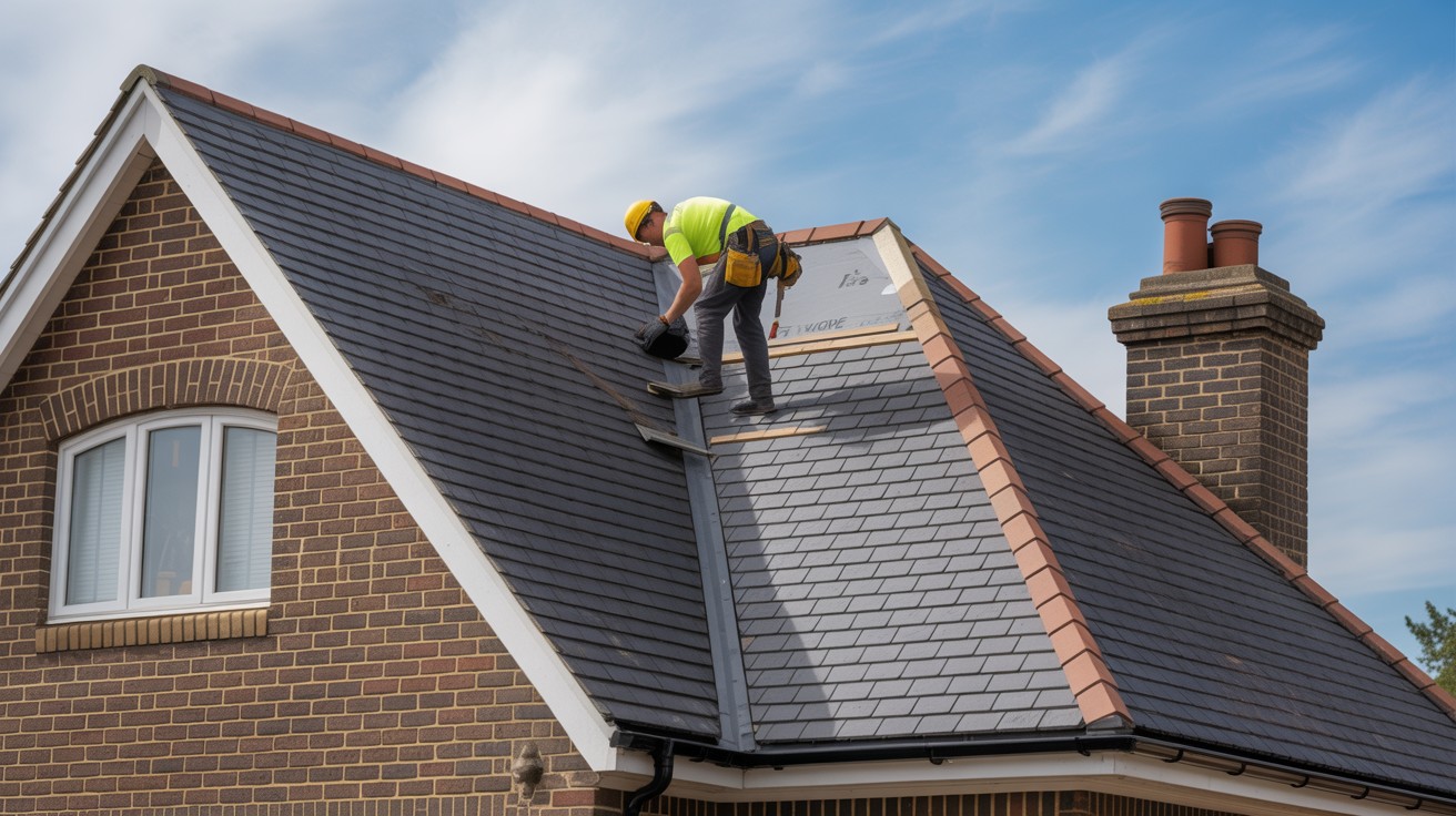 UK house receiving professional roof repairs